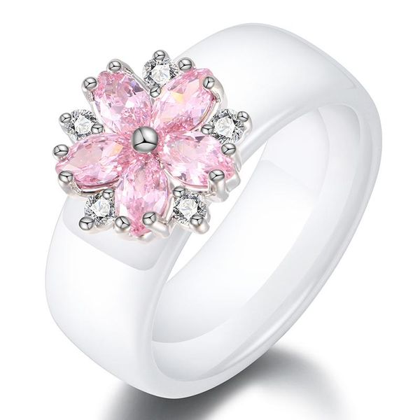 

cluster rings fashion 925 sterling silver ceramic ring pink flower design noble elegant jewelry for women wedding engagement year gifts, Golden;silver
