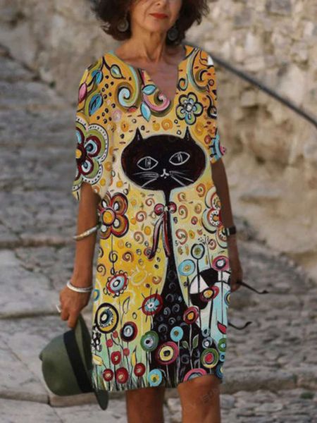 

casual dresses women's cartoon cat printed v-neck drs, Black;gray
