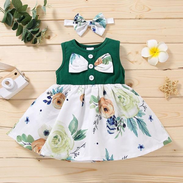 

girl's dresses toddler baby girls sleeveless lovely floral printing pattern princess dress+headbands summer clothes, Red;yellow