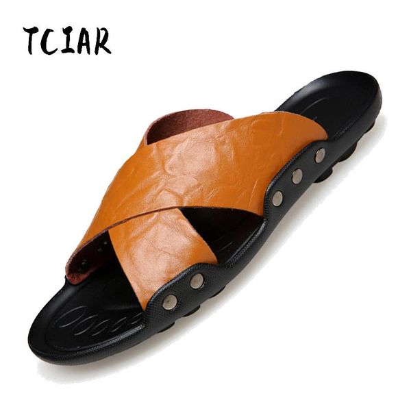 

slippers mens fashion summer casual beach shoes split leather non-slip flip flops flat male big size 38-48 dr004, Black