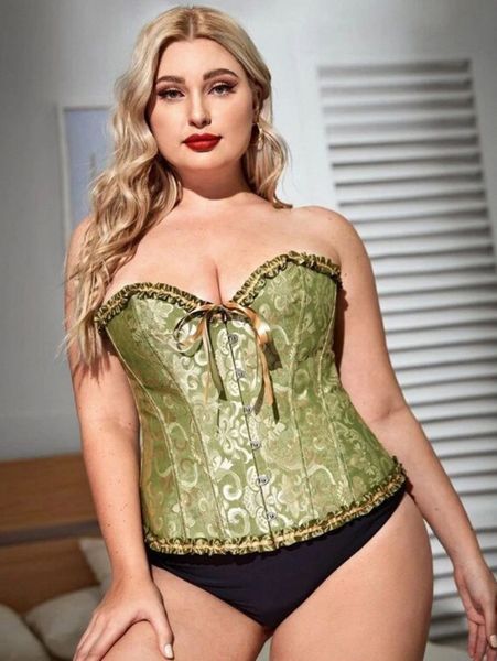 

plus baroque print frill trim corset r5vm#, Black;white