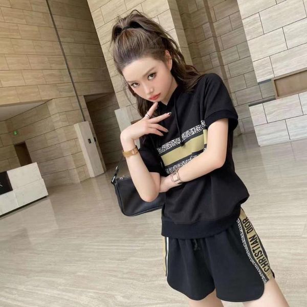 

women's tracksuits shorts suit 2021 summer loose fitting hoodie + high waist wide leg two piece set of embroidery letters, Gray