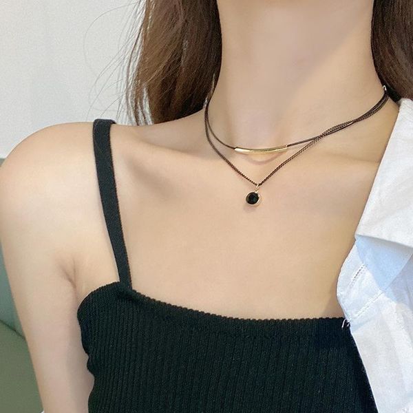 

pendant necklaces simple round women's necklace personality double layer hip hop black glass collarbone chain fashion jewelry, Silver