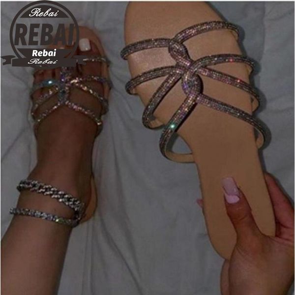 

slippers 2021 summer style roman cross cutout rhinestone flat bottom open toe plus size outdoor women's beach, Black