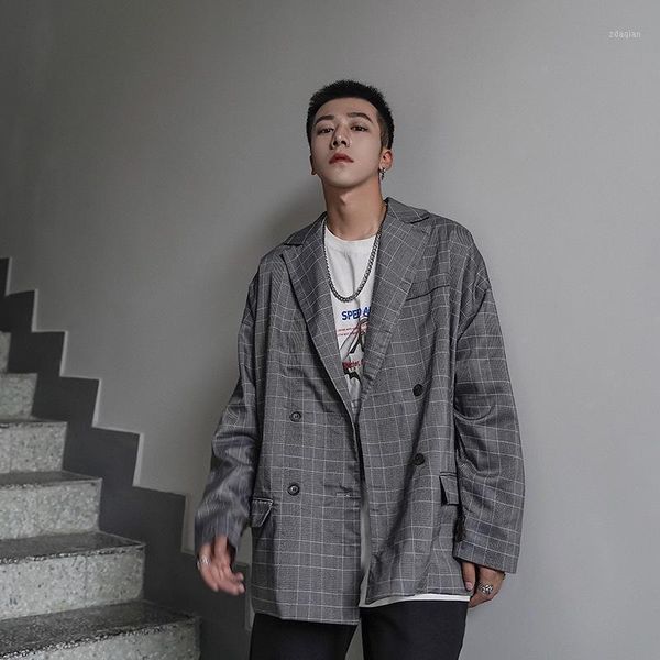 

double breasted blazer baggy men's checked fall suits & blazers, White;black
