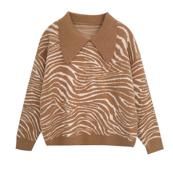 

women vintage zebra sweater autumn winter long sleeved turn down collar short pullover sweaters korean fashion knit 210602, White;black
