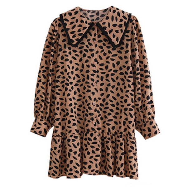 

perhaps u leopard peter pan collar long sleeve short mini loose straight ruffle dress button autumn winter d0857 210529, Black;gray