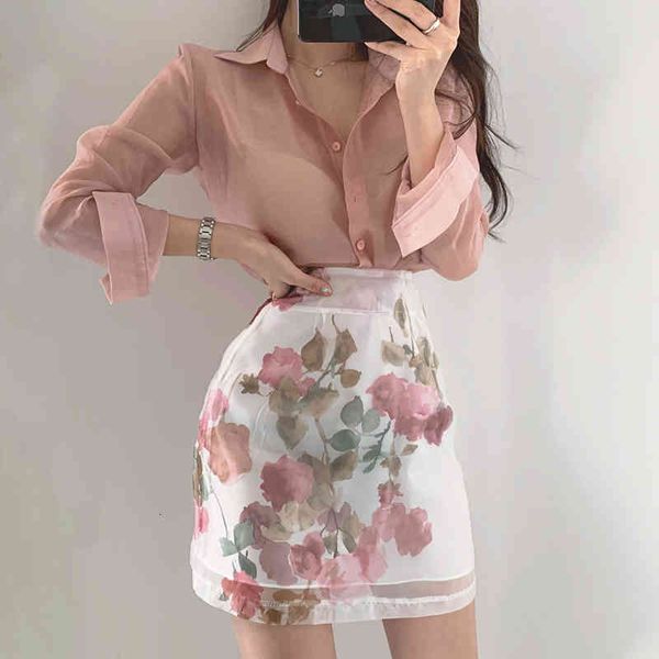 

two piece dress women summer 2 set transparent long sleeve pink chiffon shirt + high waist floral print a line skirts set, White