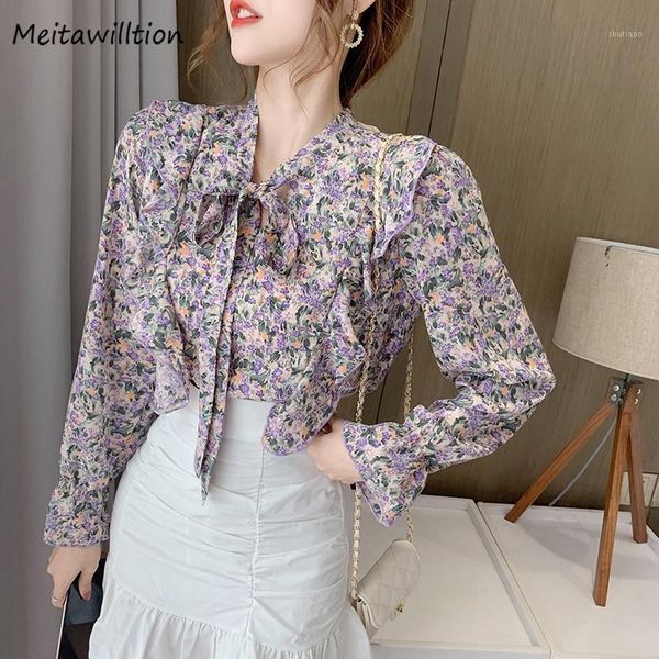 

elegant chiffon blouse shirt women autumn bow loose long sleeve vintage floral print office shirts women's blouses &, White