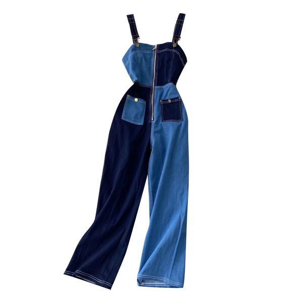 

summer women denim overalls fashion patchwork jumpsuits zipper sleeveless rompers suspenders jeans female loose long trousers, Black;white
