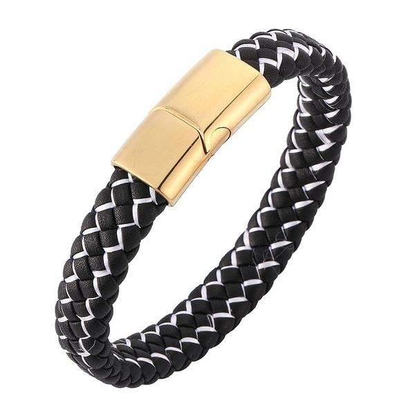 

charm bracelets fashion men jewelry white black braided leather mens bracelet gold stainless steel magnetic clasp punk woven wristband sp022, Golden;silver