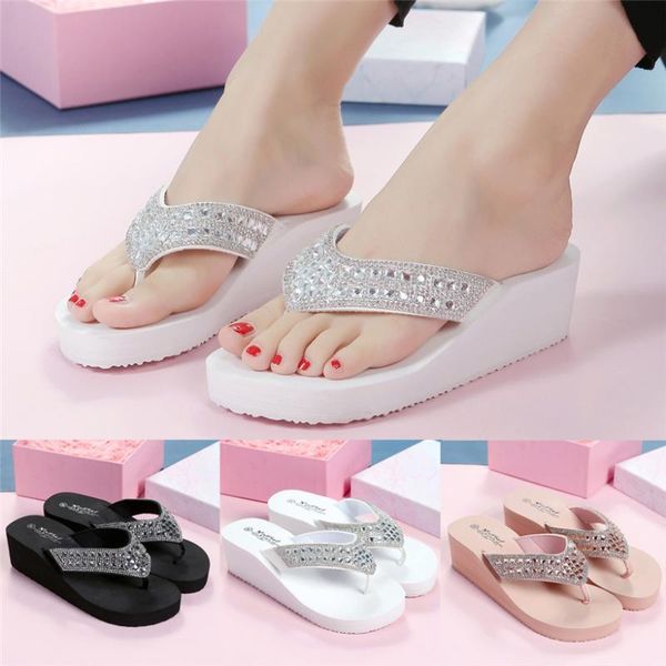 

slippers sandals women summer fashion rhinestones wedges flip flops women's casual beach shoes heel clip toe, Black