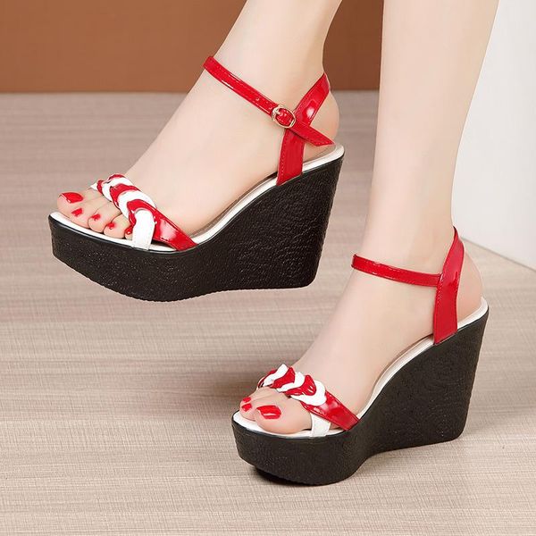 

sandals 32-43 fashion patchwork peep toe woman shoe summer 2021platform women's leather ladies wedge heel female shoes, Black
