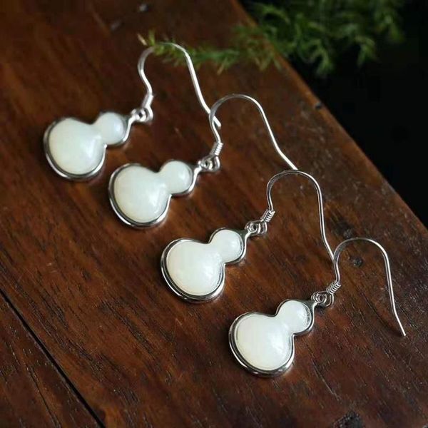

dangle & chandelier silver inlaid natural hetian white chalcedony gourd pendant chinese style retro minority design charm women's brand