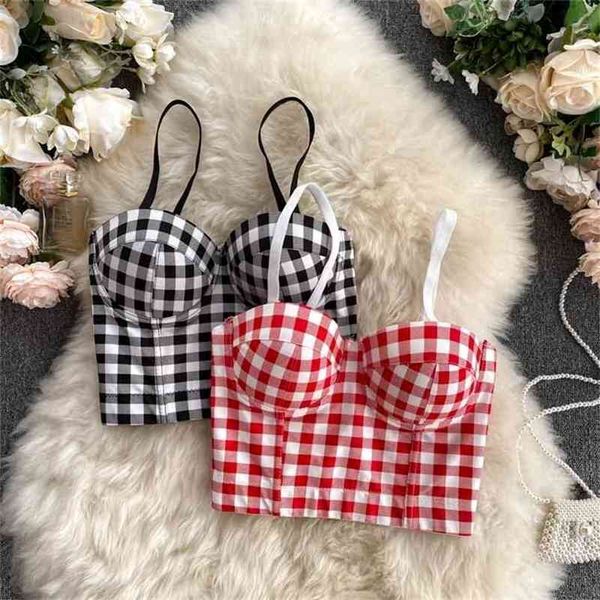 

ins fashion outer wear camisole women stereo gathered wrapped chest underwear retro plaid short bustier crop m062 210527, White