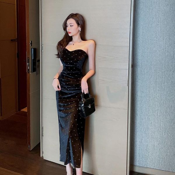 

casual dresses # to film the spot ~ winter annual velvet part that wipe a bosom package hip long split render in, Black;gray