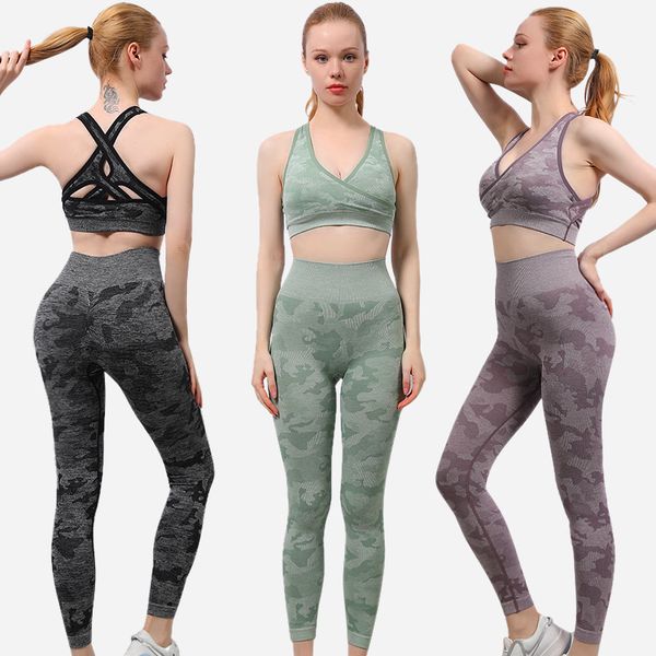 

camouflage yoga suit shark style high elastic fitness bra pants, Gray