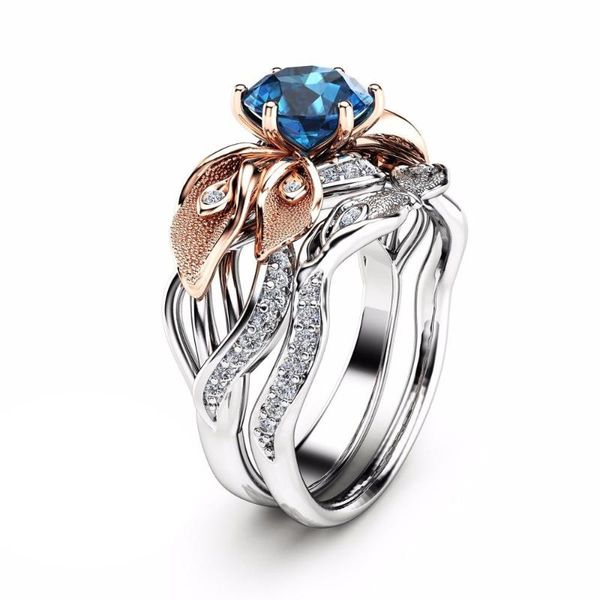 

wedding rings women fine jewelry accessories flower ring blue zircon funny jewellery fashion double engagement, Slivery;golden
