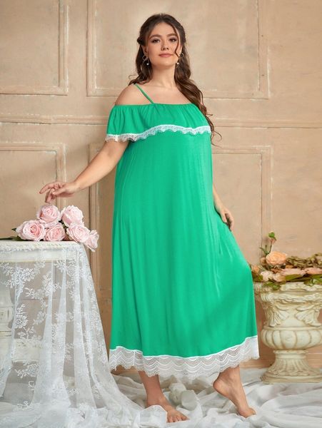 

plus cold shoulder lace trim sleepdress e3xm#, Black;white
