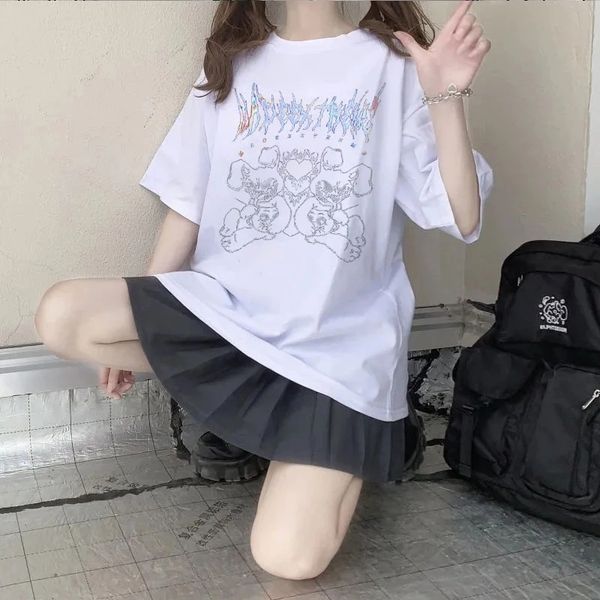 

summer oversize gothic clothing female loose women t shirt devil bear print dark high street tee harajuku clothes, White