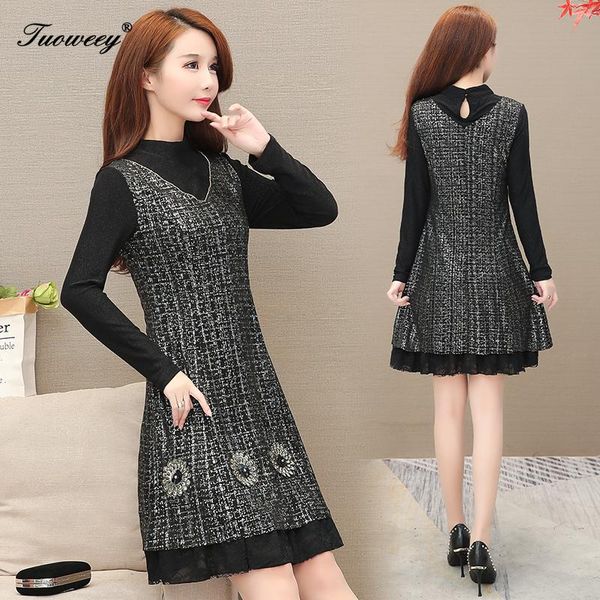 

women o-neck lace hollow out floral patchwork long sleeve office ladies a line dress 2021 autumn casual female 5xl dresses, Black;gray