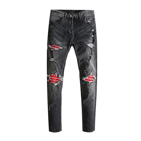 

am men's jeans new high street style black perforated patch elastic slim fit, Blue