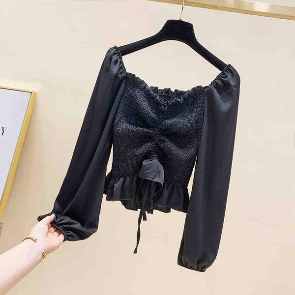 

autumn women's long sleeves drawstring shirt female ladies casual short style shirts blouse blusas a3967 210428, White