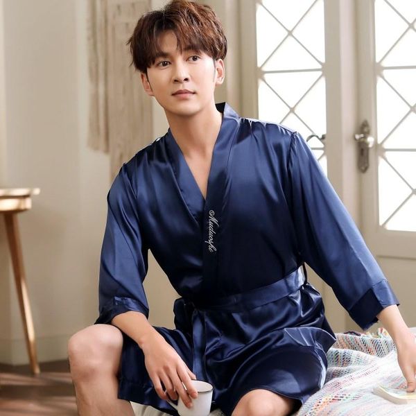 

men's sleepwear man satin bathrobe gown oversize 3xl rayon kimono bridegroom cardigan nightwear loose home dressing, Black;brown