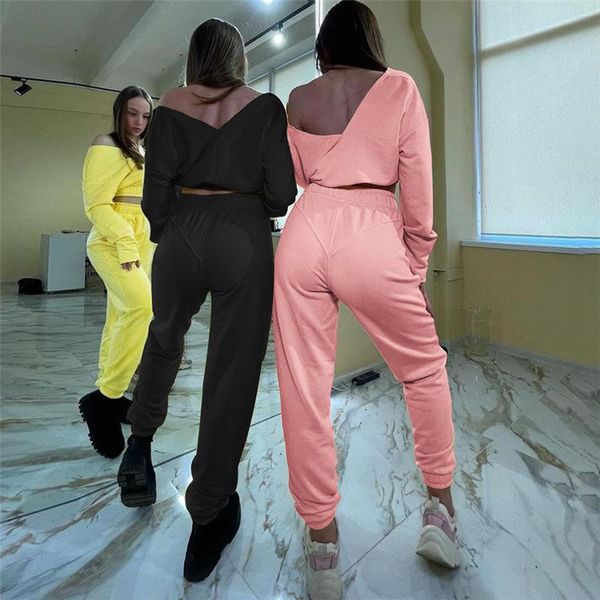 

women's two piece pants 2021 fall clothing low-cut solid color long-sleeved sweater loose tappered trousers casual suit for women, White