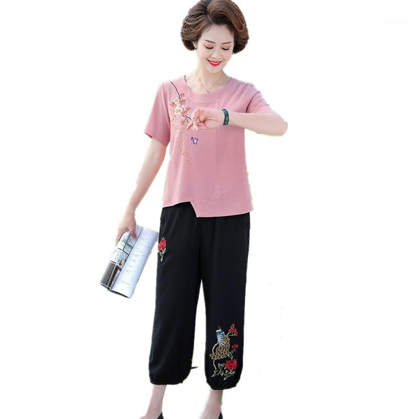 

national style summer two piece set women cotton and linen soft comfortable female suit thin plus size sets women's tracksuits, Gray
