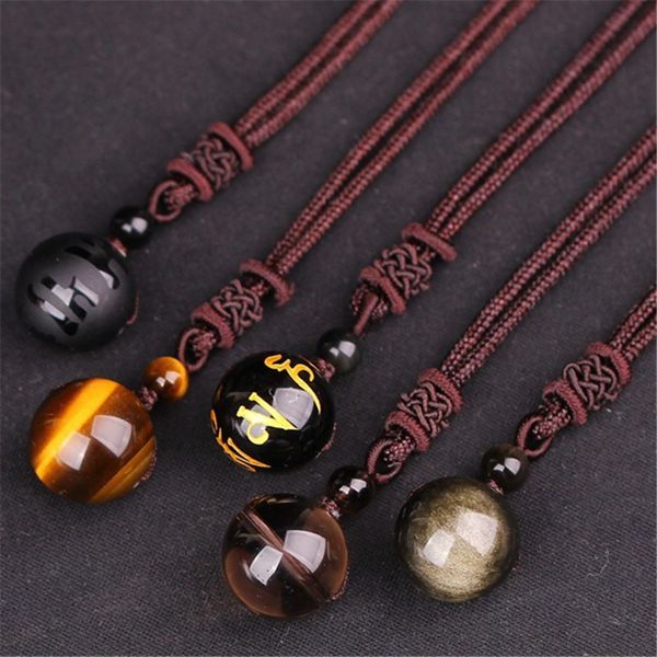 

black obsidian pendant rainbow eye bead ball natural stone necklace 16mm transfer lucky rock crystal jewelry rope women men, Silver