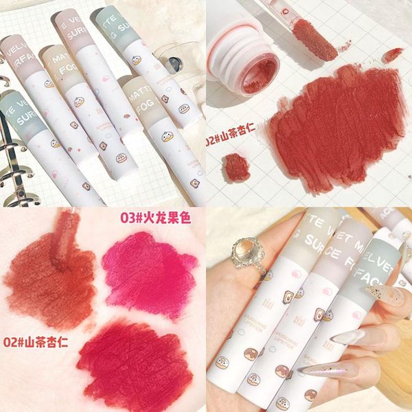 

matte lip tint in white cartoon appearance long lasting watgerproof smooth rose red velvet liquid gloss ac401