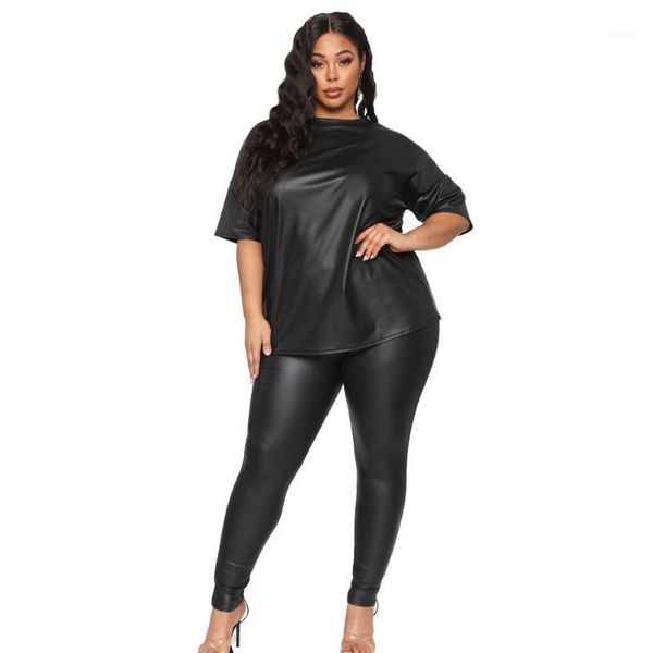 

plus size tracksuits 2 piece leather sets womens outfits set women 4xl 5xl two pants clothing 2021 conjuntos, Black
