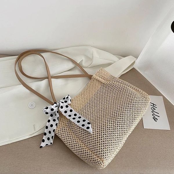 

pb0012 summer fashion straw leisure women's bags with silk scarf bow one shoulder slung bucket bag 2 colors khaki/beige