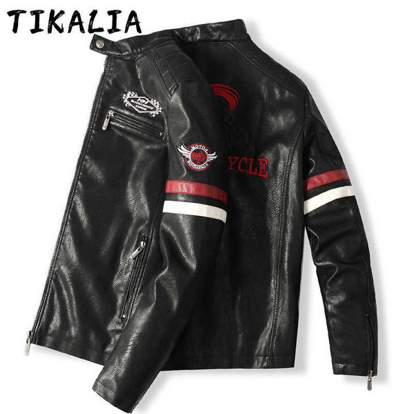 

men leather jacket fashion clothing men motor jacket stand collar patchwork slim thin autumn jacket pu artificial leather 210928, Black