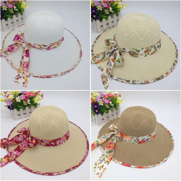 

wide brim hats lady bowknot straw hat summer sunscreen leisure cap students fresh shading sun foldable, Blue;gray