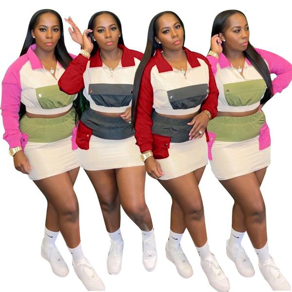 

women's tracksuits rstylish women clothing color block patchwork long sleeve crop mini skirt fall 2021 streetwear two piece set, Gray