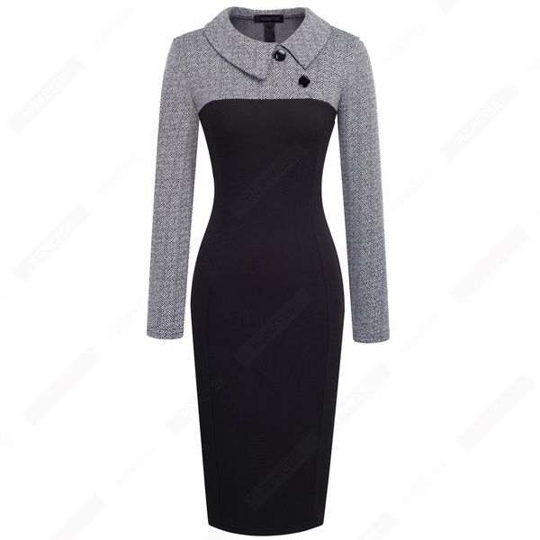 

2021vintage women patchwork pattern plus size bodycon elegant office ladies charming dress eb238, Black;gray