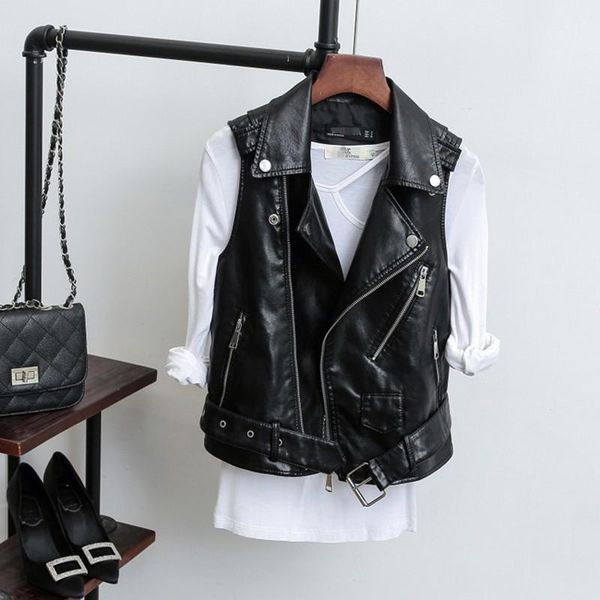 

women's vests black sleeveless pu leather jackets women spring autumn zipper vest female motorcycle jacket 2021 fashion waistcoat rivet, Black;white