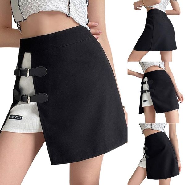 

skirts women's summer a-line skirt, high waist color block buckle belted split mini skirt 2021, Black