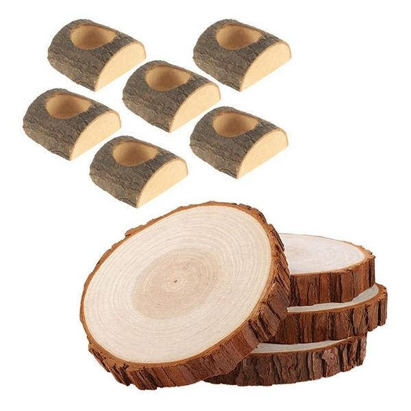 

4x wood log slices 18-19cm unfinished wooden circles without & 6x candle holder plant stand handmade candlesticks holders