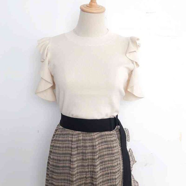 

simple strapless solid slim pullover chic ruffles design o neck knit women summer candy color all match elegant tshirts 210514, White