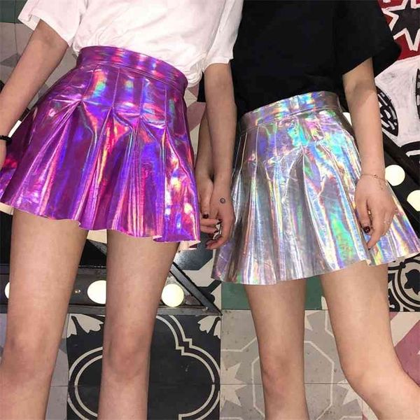 Japanische Korea Holographische Faltenröcke Frauen PU Solide Harajuku Casual Laser Hight Taille Mini Kurzer Rock Regenbogen 210621