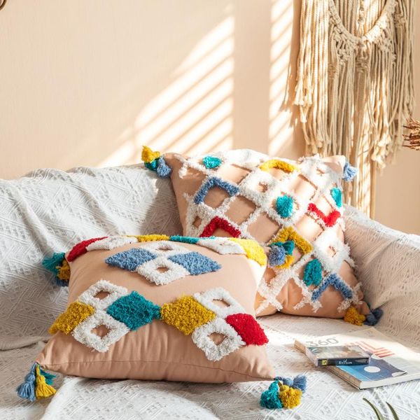 

national style cotton canvas tufted pillowcase, european and american soft outfit with geometric tassel cushion cover cushion/decorative pil