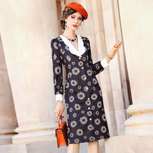 

casual dresses office lady slim solid autumn spring single breasted notched retro dress women's print professional patchwork skirt 7bfa, Black;gray