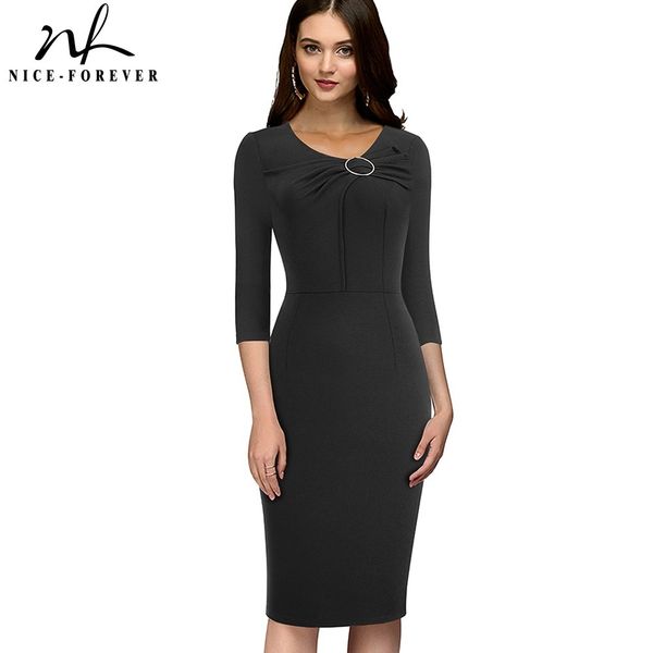 

nice-forever autumn wvomen elegant solid color work dresses with ring formal business bodycon fitted slim dress btyb481 210419, White