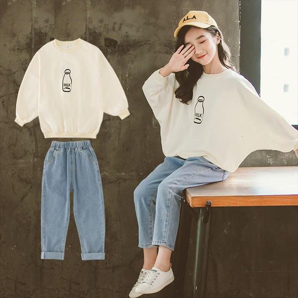 

autumn outfits kids girl clothing sets milk bottle print long sleeve solid color jeans suit for girls casual clothes, White