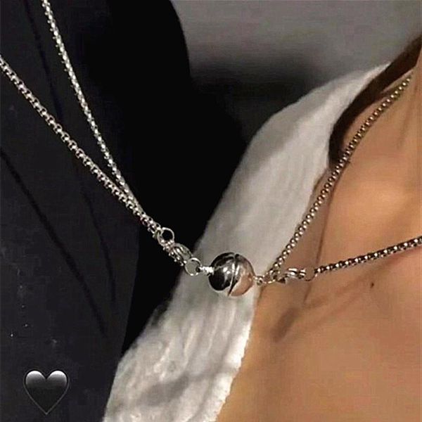 

2pcs / set magnet attraction stainless steel pendant couple necklace jewelry titanium chain necklaces for women and men, Silver
