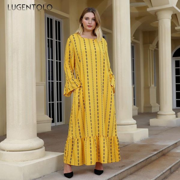 

casual dresses plus size long dress women yellow striped summer sleeve round neck loose ruffles office lady lugentolo, Black;gray