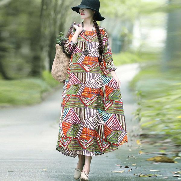 

vintage women cotton linen dress floral printed o neck long sleeve retro robe boho loose casual female autumn dresses, Black;gray